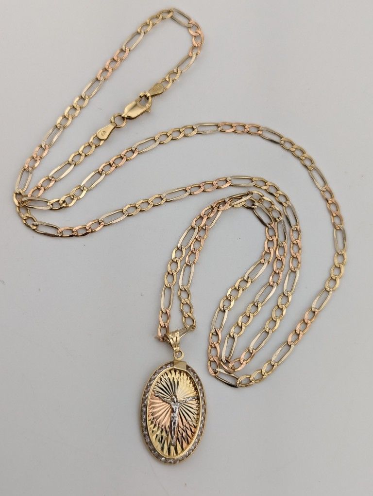 14K Tri-Color Gold Figaro Diamond Cut Link Necklace Oval Jesus Christ Charm Pendant


