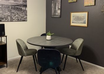 Solid Wood Gray Round Table With Mid Century Chairs 