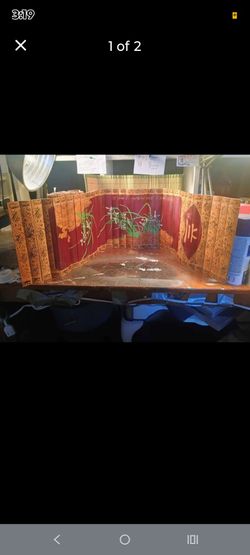Vintage Japanese tabletop folding bamboo screen. Handpainted Iris flowers