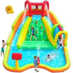 WELLFUNTIME Inflatable Water Double Slides Park, Bounce House With Arched Water Gun Spray, Jumping Castle With Air Blower