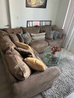 MOVING OUT SALE!!! Need items gone ASAP  Brown Microfiber Sectional Sofa + Glass Center piece