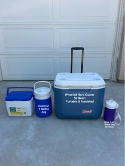Coleman 50 Qt Wheeled Cooler Bundle Set, Read Descr
