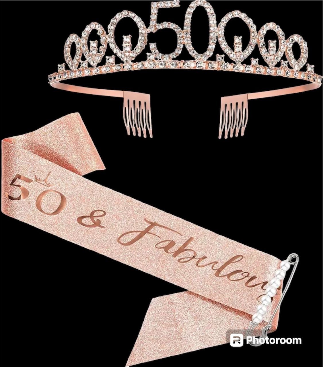 50th Birthday Tiara and Sash Set - 50 & Fabulous - Rose Gold & Crystals