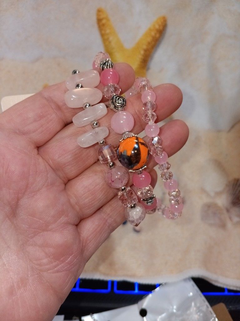 Set Of Three Pink Beaded Stretch Bracelets