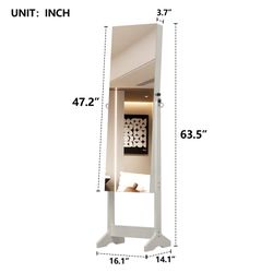 Jewelry Cabinet Armoire with Full Length Mirror with stand, Jewelry Armoire Organizer, Lockable Storage Cabinet, Interior Lighted Mirror, White
