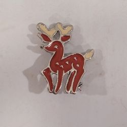 Vintage Reindeer Silver Tone Multicolor Enamel Brooch Pin Signed