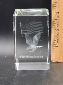 "God Bless America" Eagle W/American Flag Etched Glass Paperweight