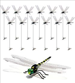 12 Pack 3D Dragonfly Clips, Fake Dragonflies with Stakes, Realistic Plastic Dragonfly Garden Decorations, Fly Deterrent Clips for Hats, Pets, Horses, 