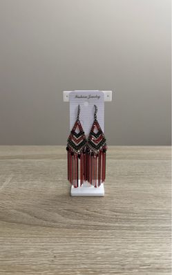 Red Black Long Fringe Geometric Statement Earrings New