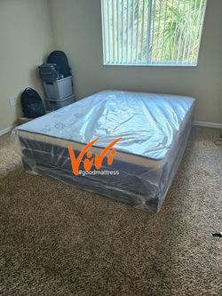 NEW QUEEN PILLOW TOP MATTRESS WITH BOX SPRING 2PC. BED FRAME ISN'T AVAILABLE