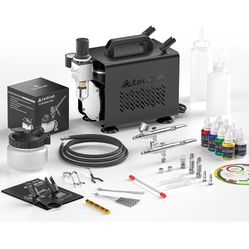 Airbrush Kit With Compressor - 1/5 HP Quiet Air Compressor With 2 Dual-Action Airbrush - 0.2,0.3 & 0.8mm Nozzles & 6 Paint Colors, Air brush Painting 