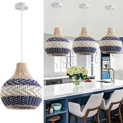 3-Light Rattan Pendant Light 15" Hand-Woven Blue White Wicker Basket Chandelier