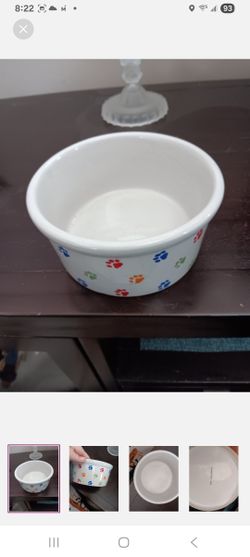 White Ceramic Dog Food Bowl, Paw Design