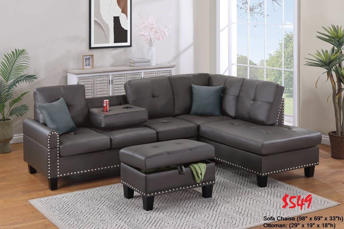 Leather Sofa Chaise Sectional and Ottoman 