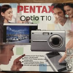 Pentax Optio T10 Digital Camera , 6.0 mega pixels, 3.0 optical zoom, touch display, digital, like new box, instruction manual and strap only, camera