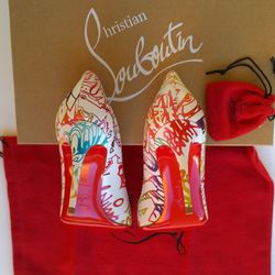 (Red Bottoms) Christian Louboutin Pigalle Follies 85 Printed Graffitti Heels White Leather