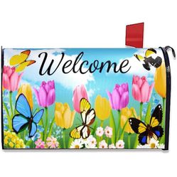 Mailbox Covers Magnetic Standard Size 18" X 21" for Summer Flowers Outdoor Decoration Mailbox Covers Tulips Butterfly 1PCS Spring Mailbox Covers Magne
