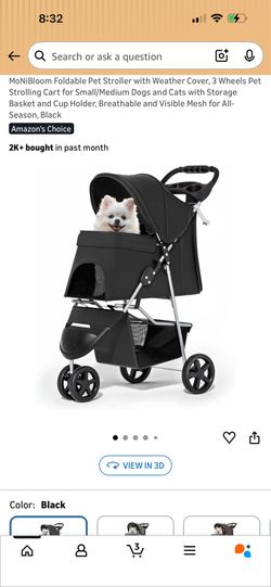 MoNiBloom Foldable Pet Stroller with Weather Cover, 3 Wheels Pet Strolling Cart for Small/Medium Dogs and Cats with Storage Basket and Cup Holder, Bre