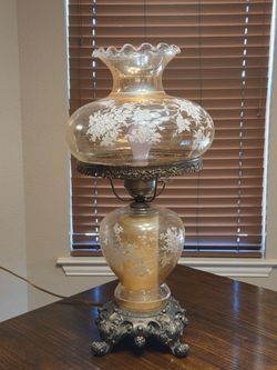 Vintage Decorative Table Lamp with Floral Etched Glass