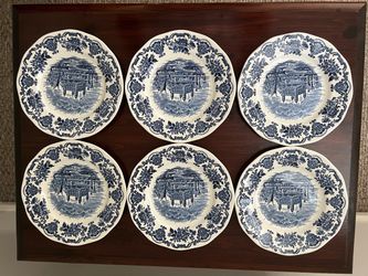6 blue & white small plates (7”), made in England