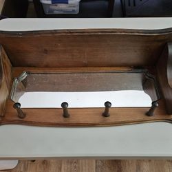 Vintage Wooden Coat Rack With Mirror & Shelf