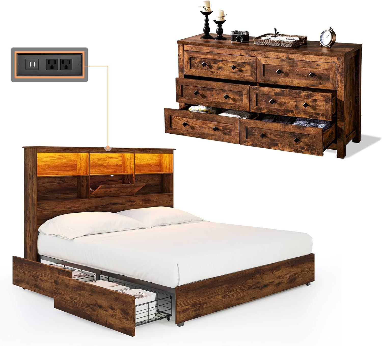 AMERLIFE 2-Piece Bedroom Set, Queen Bed Frame & 6 Drawer Dresser