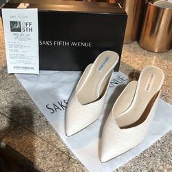 Brand New Never Worn Saks Fifth Avenue Woman’s White Leopard Leather Mule High Heels  Size 7