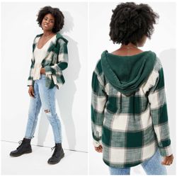 AE Plaid Flannel Hooded Button-Up Shirt