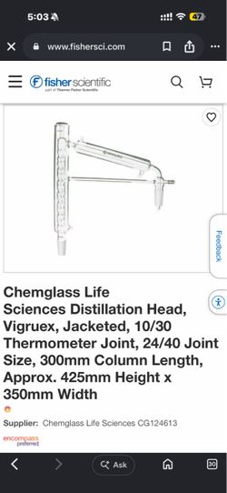Chemglass Vigreux Jacketed Distillation Head