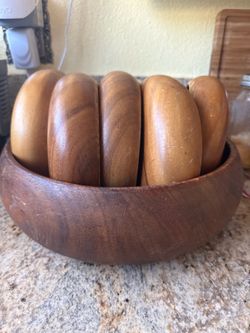 Vintage teak Wood salad bowl 4  small salad bowls