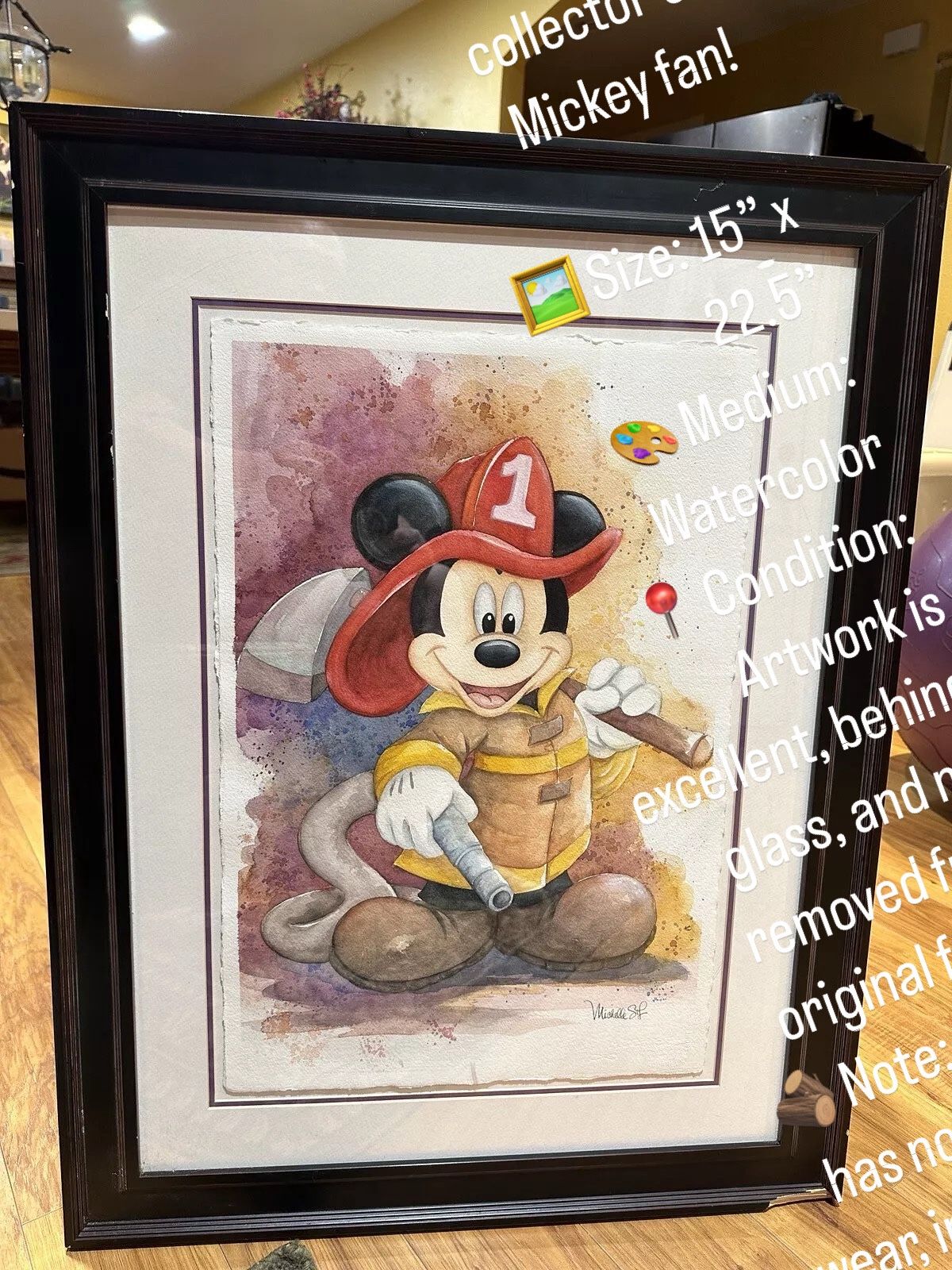 ORIGINAL Mickey Mouse Fireman Watercolor. Listed Disney Artist!