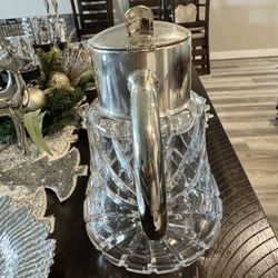 Vintage Cut Crystal Water Pitcher with Silver-Plated Mount & Hinged Lid - HKE Mark