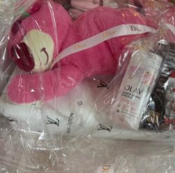 Wrapped gift baskets and bears
