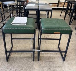 26" Counter Height Bar Stools Leather w/ Stitching Mid-Century Modern Set of 2 - Green