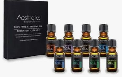 Set of 100% pure essential oil by Aesthetics Naturals. Sweet Orange, Lavender, Frankincense, Rosemary, Peppermint, Tea Tree, Eucalyptus, Lemongrass 10