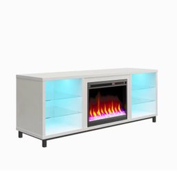 White TV Console with Color-Changing LED Lights & Electric Fireplace