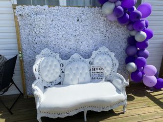 Throne Love Seat ,framed Flower Wall And small Balloon Garland