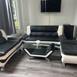 Modern Black & White Leather Sofa Set - 3 Pieces + Glass Coffee Table 