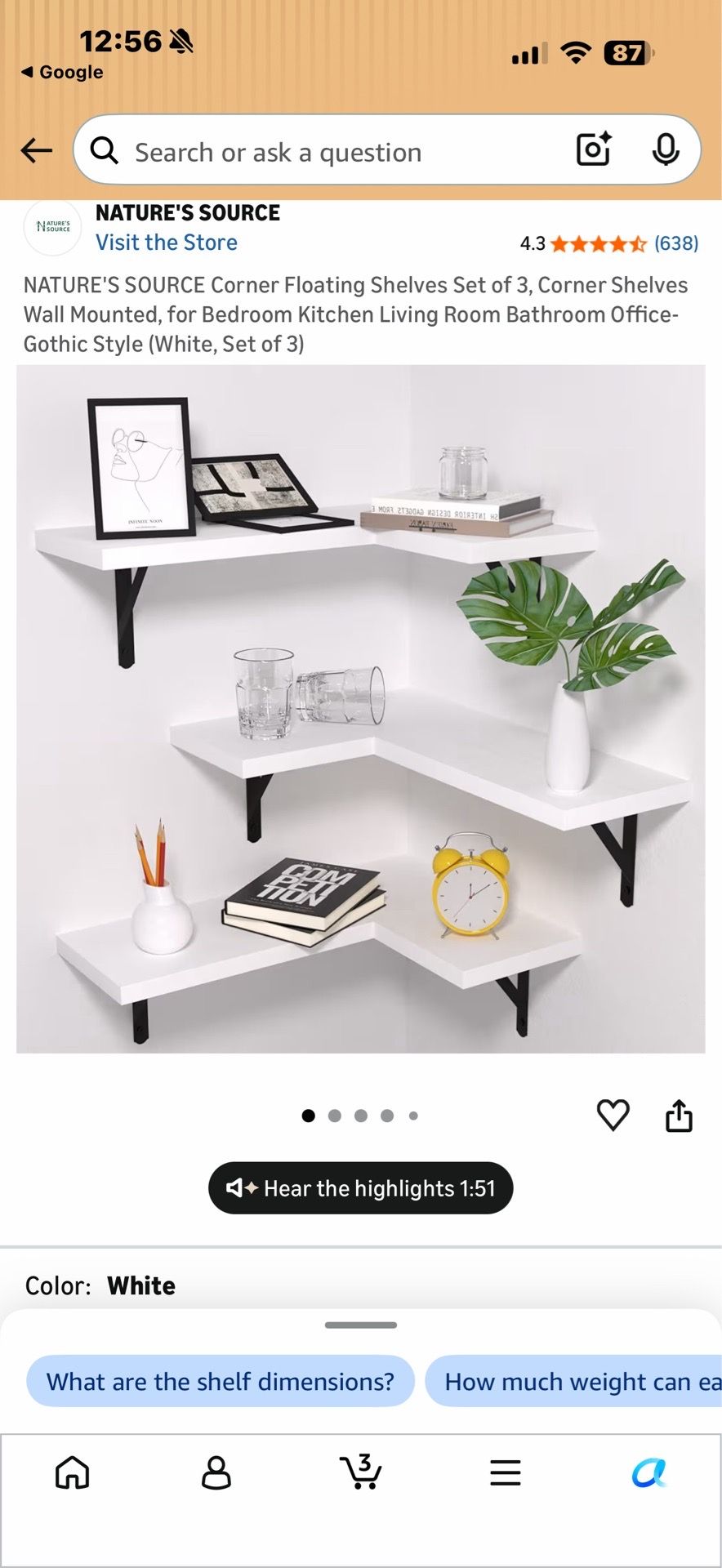 Floating corner shelves set of 3