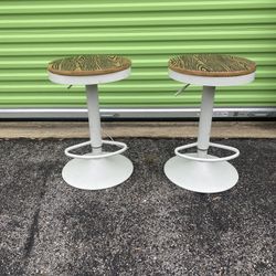 2 LUMI Height Adjustable Barstools White Metal Base And Wooden Seats