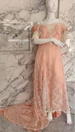 Vintage French Lace Pink Ivory Lace Formal Gown Train USA Size 12 Wedding