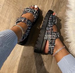 Tweed Platform Strappy Sandals - Black Multicolor