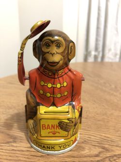Vintage J. Chein Mechanical Coin Bank Toy — Monkey Tipping Hat