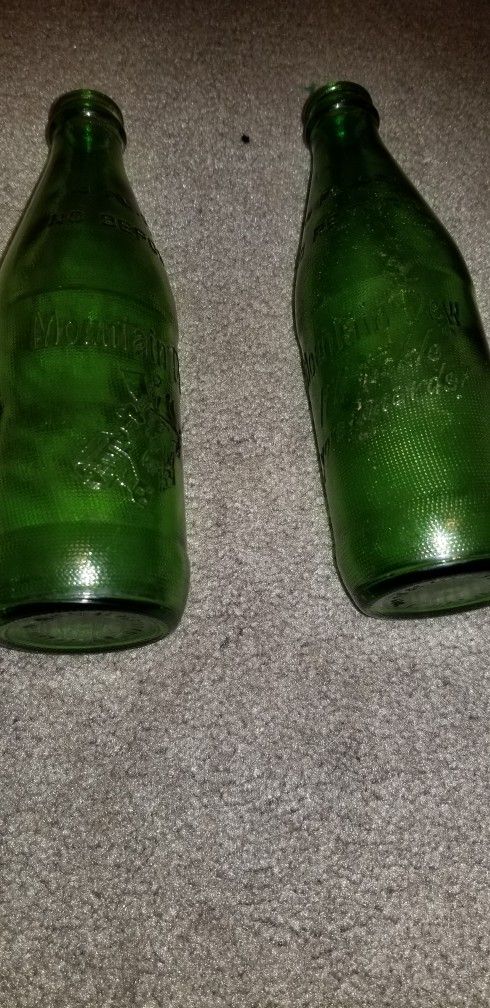 Green Glass Embossed Mountain Dew Bottles
