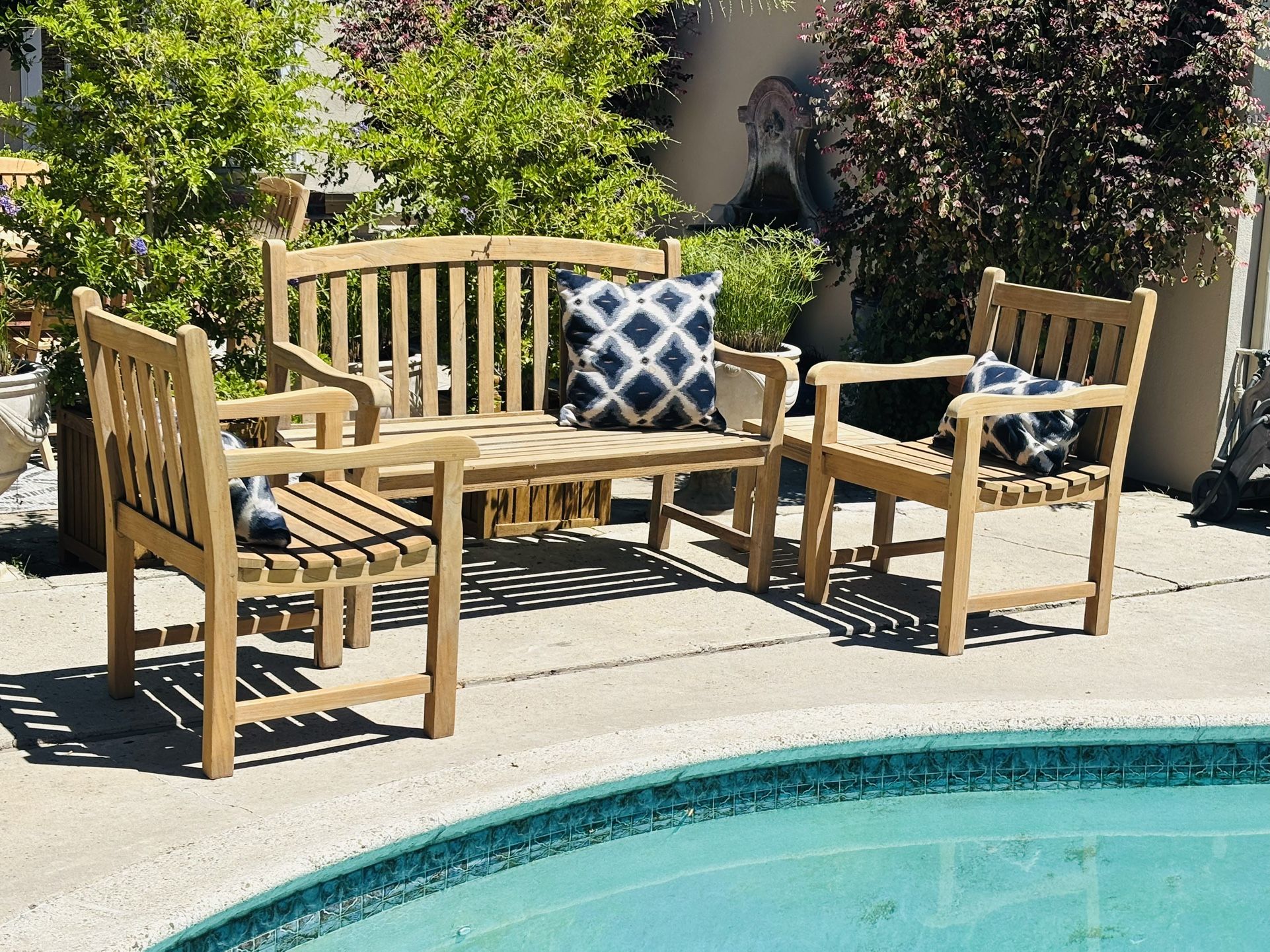 Teak Wood Patio Conversation Set, Bench, Chairs and Small Table