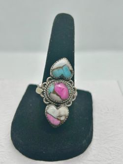 Cotton candy, turquoise triple stone ring – size adjustable, sterling silver 925 Cotton candy, turquoise triple stone ring – size adjustable, sterling