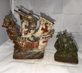 Antique Cast Iron Ship Doorstop Lot - Large 12" Galleon & 7" Verdigris Nautical