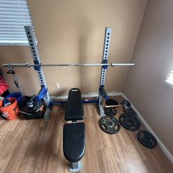 Squat Rack With Weights And Adjustable Bench 