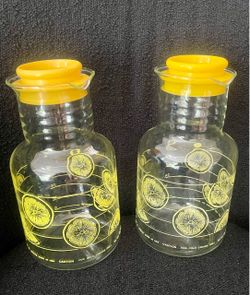 2 Vintage 1970s Pyrex Citrus Slice Glass Carafes with Yellow Lids