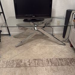 Tempered Glass Coffee Table with Chromed Legs, Rectangle Modern Living Room Table for Home Office Living Room With Matching End Table